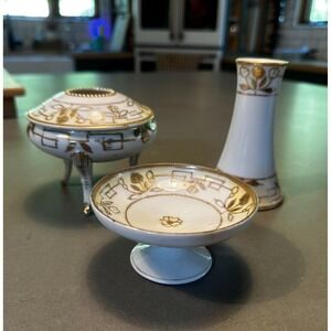 Antique Nippon 3 pc Dresser Set Hatpin Holder Hair Receiver & Pin Dish